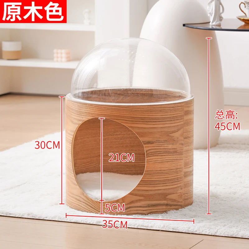 PawFlow Lit Capsule pour Chat – Maison Acrylique Transparente & Cadre en Bois