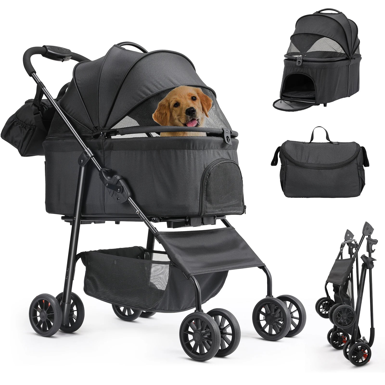 Poussette 4-en-1 Chat & Chien – Aluminium, Siège Auto & Sac de Transport