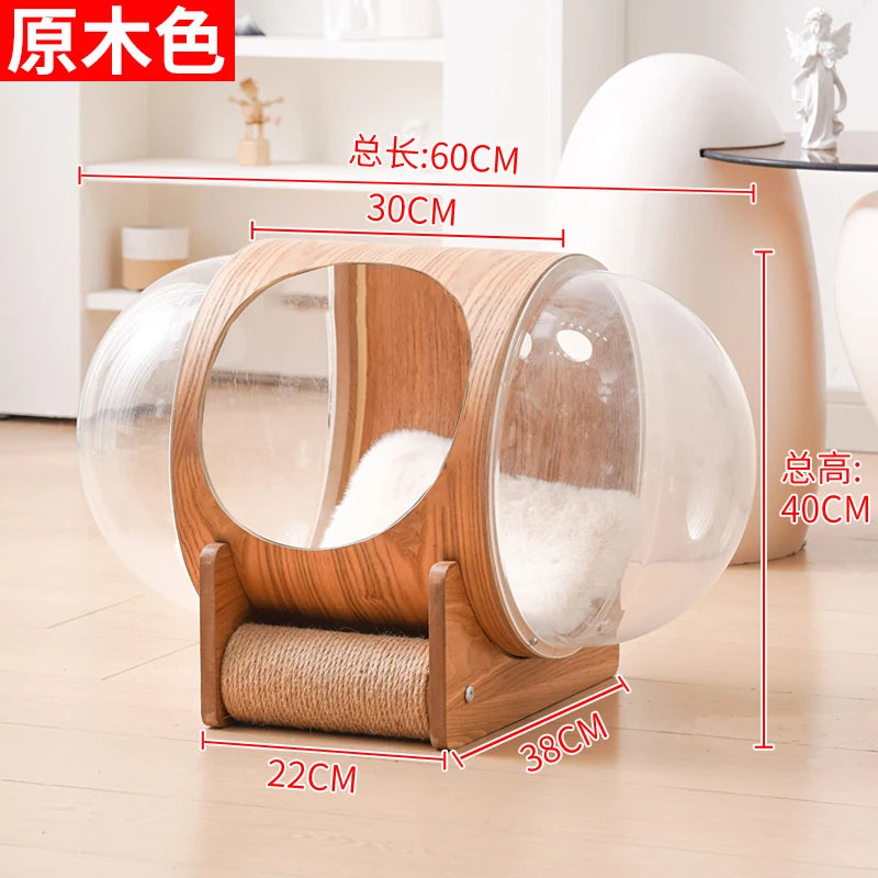 PawFlow Lit Capsule pour Chat – Maison Acrylique Transparente & Cadre en Bois