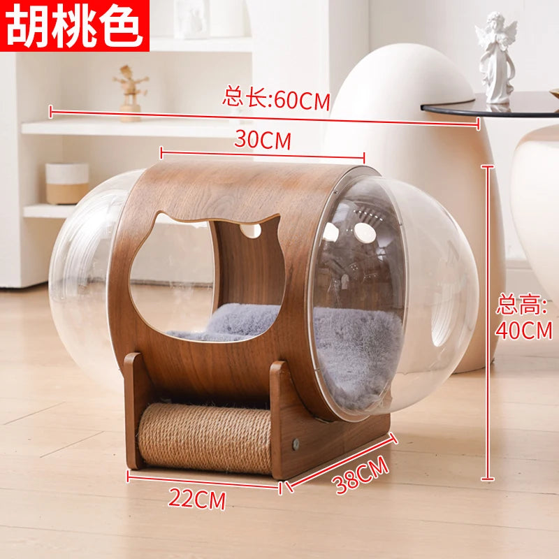PawFlow Lit Capsule pour Chat – Maison Acrylique Transparente & Cadre en Bois