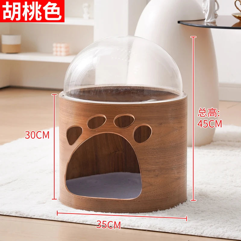 PawFlow Lit Capsule pour Chat – Maison Acrylique Transparente & Cadre en Bois