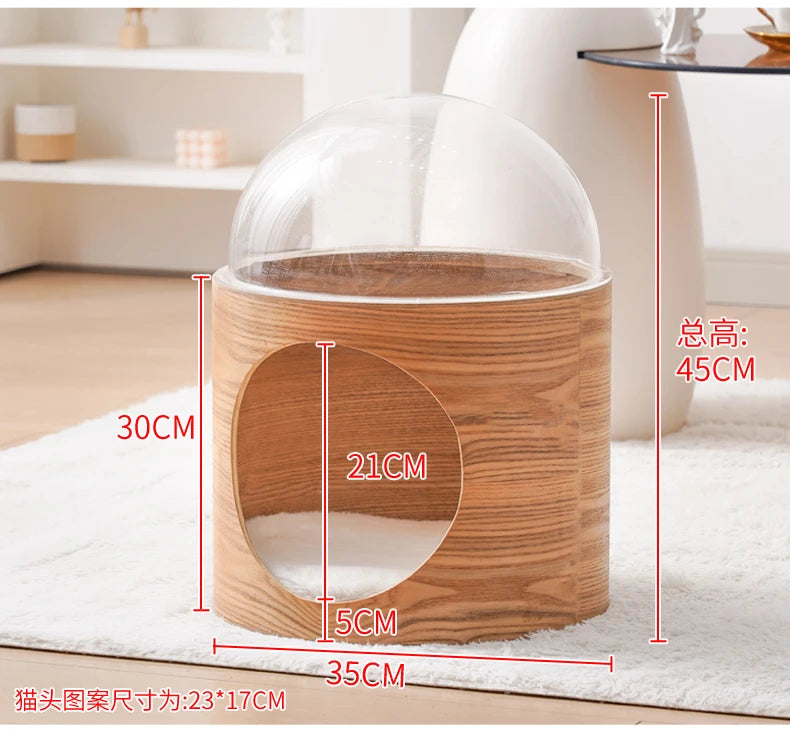 PawFlow Lit Capsule pour Chat – Maison Acrylique Transparente & Cadre en Bois