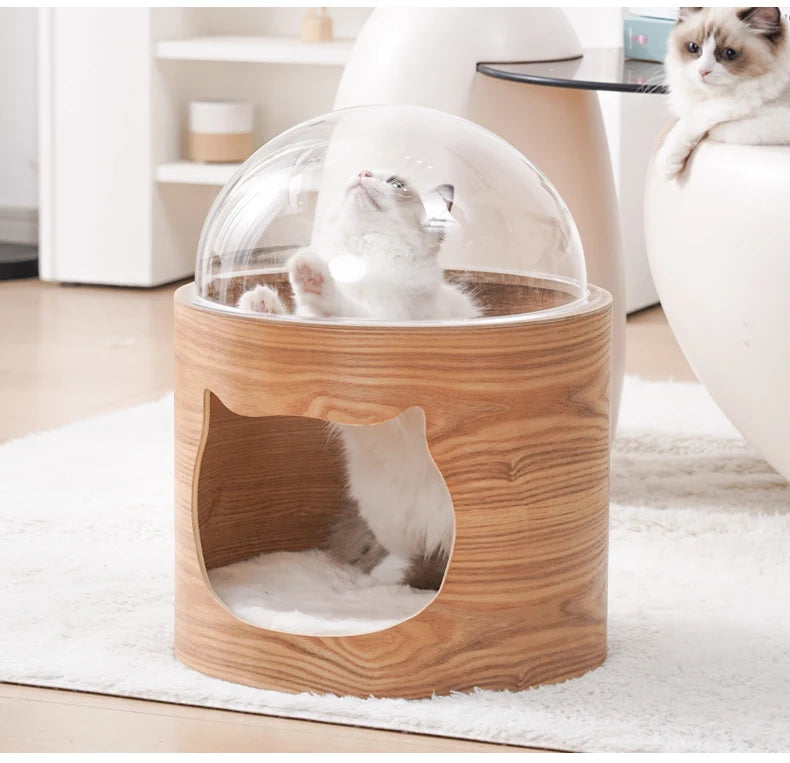 PawFlow Lit Capsule pour Chat – Maison Acrylique Transparente & Cadre en Bois