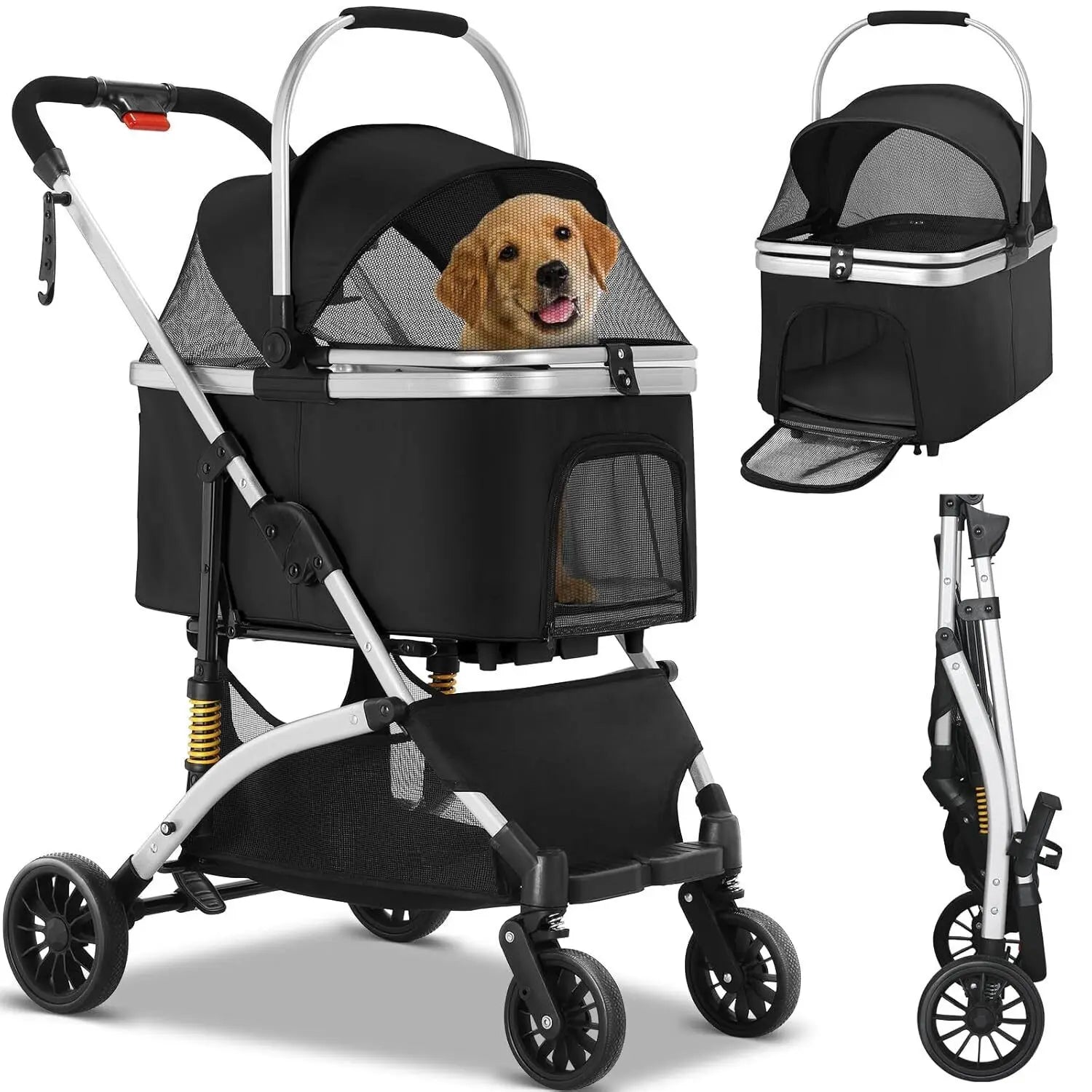 Poussette 4-en-1 Chat & Chien – Aluminium, Siège Auto & Sac de Transport