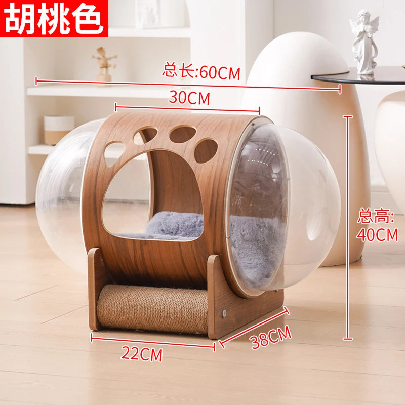 PawFlow Lit Capsule pour Chat – Maison Acrylique Transparente & Cadre en Bois