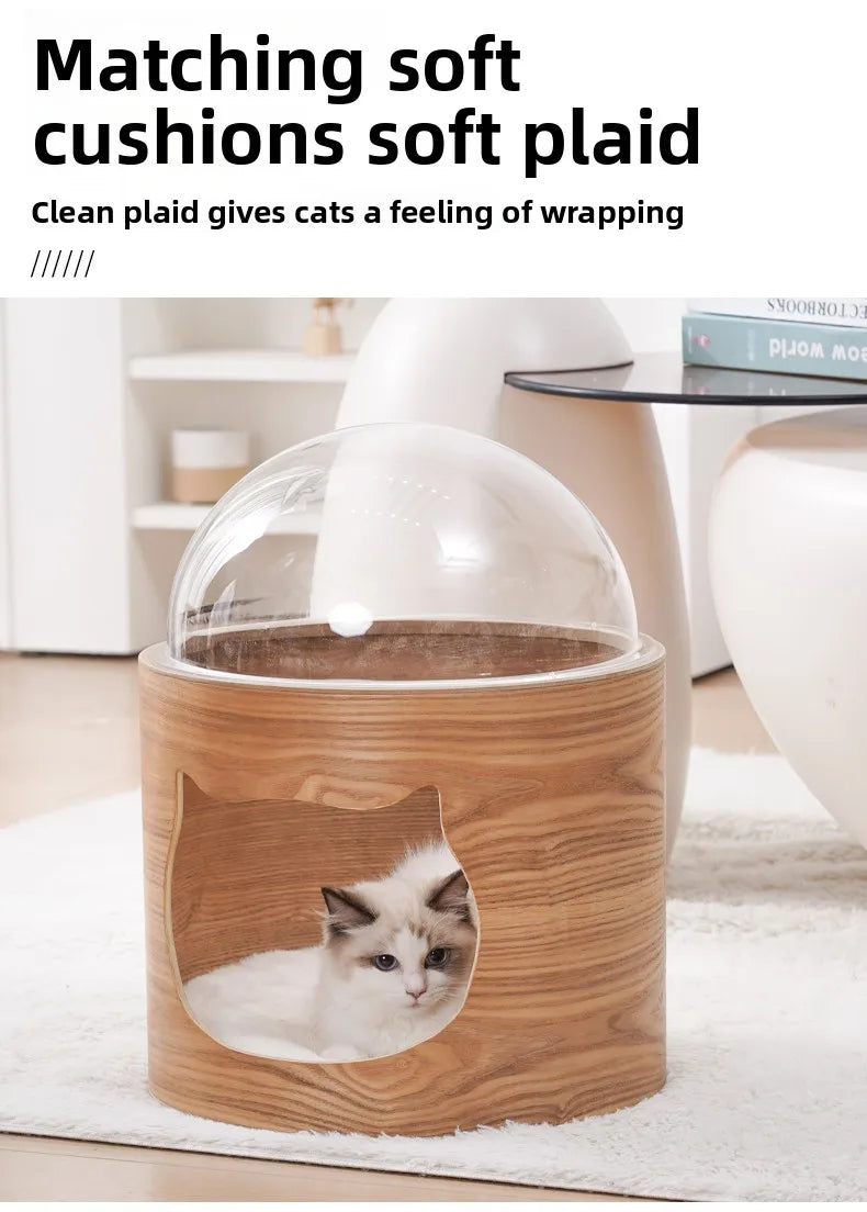 PawFlow Lit Capsule pour Chat – Maison Acrylique Transparente & Cadre en Bois