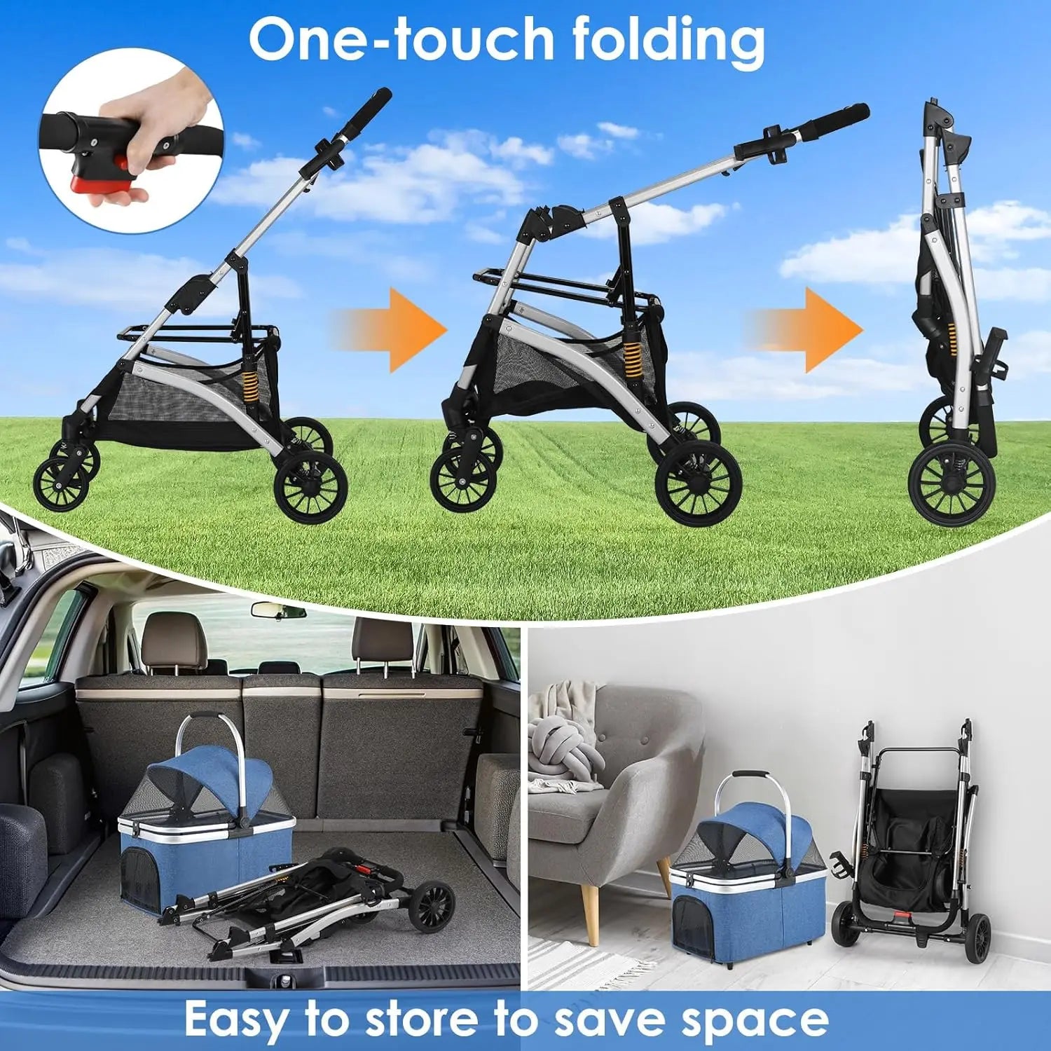 Poussette 4-en-1 Chat & Chien – Aluminium, Siège Auto & Sac de Transport