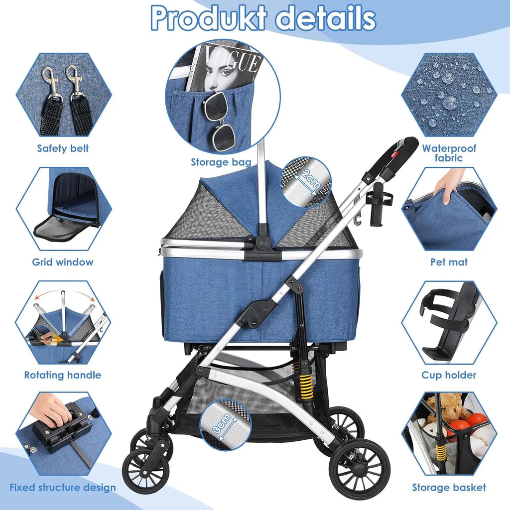 Poussette 4-en-1 Chat & Chien – Aluminium, Siège Auto & Sac de Transport