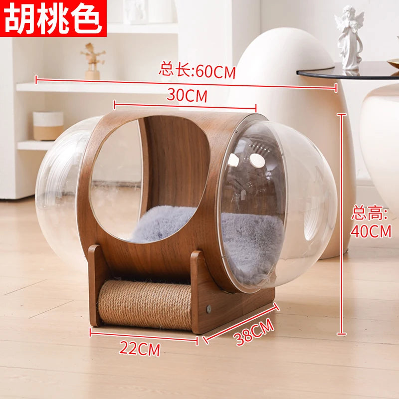 PawFlow Lit Capsule pour Chat – Maison Acrylique Transparente & Cadre en Bois