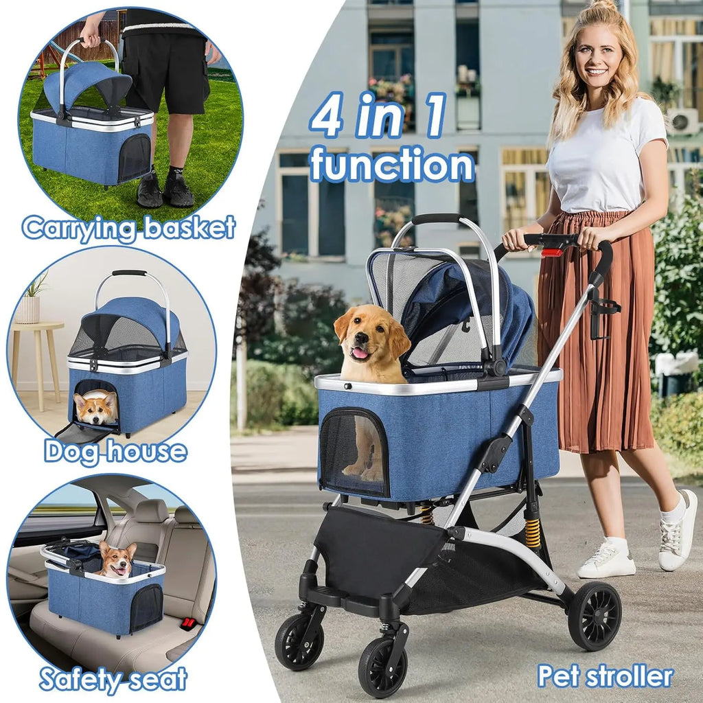 Poussette 4-en-1 Chat & Chien – Aluminium, Siège Auto & Sac de Transport