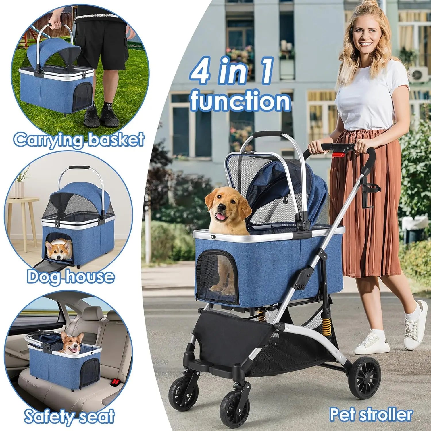 Poussette 4-en-1 Chat & Chien – Aluminium, Siège Auto & Sac de Transport