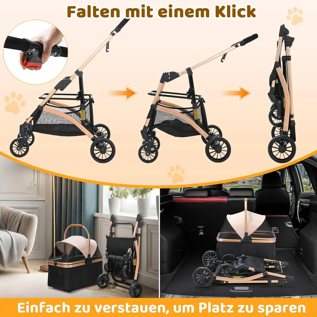 Poussette 4-en-1 Chat & Chien – Aluminium, Siège Auto & Sac de Transport