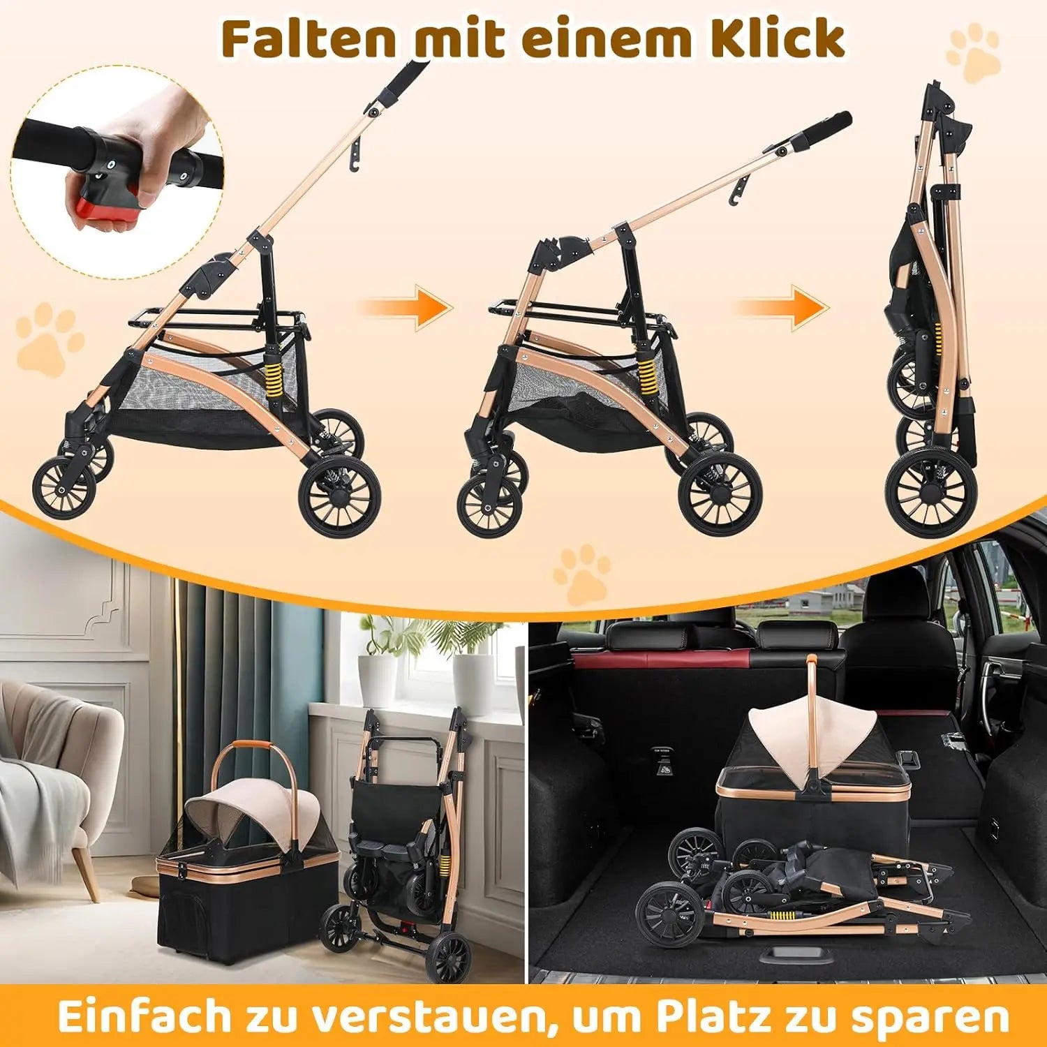 Poussette 4-en-1 Chat & Chien – Aluminium, Siège Auto & Sac de Transport