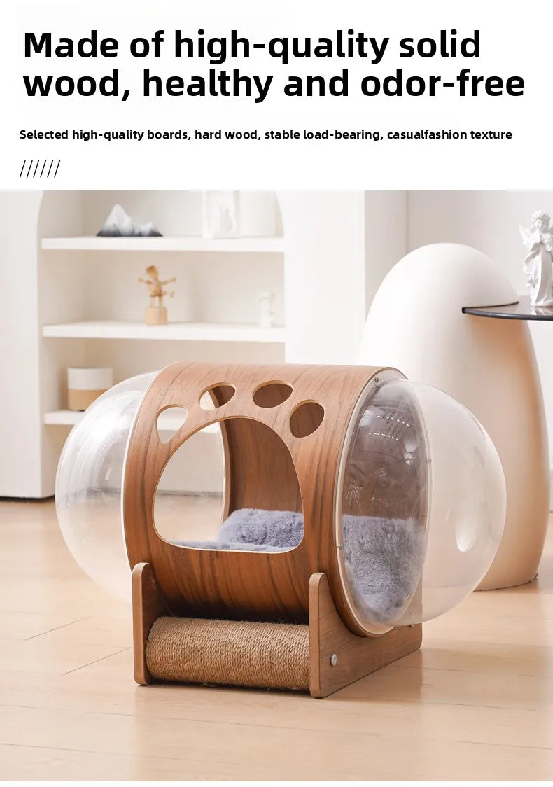 PawFlow Lit Capsule pour Chat – Maison Acrylique Transparente & Cadre en Bois
