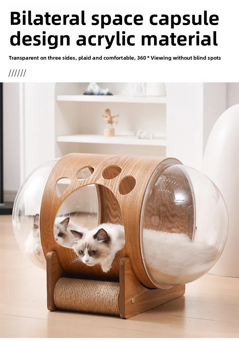PawFlow Lit Capsule pour Chat – Maison Acrylique Transparente & Cadre en Bois