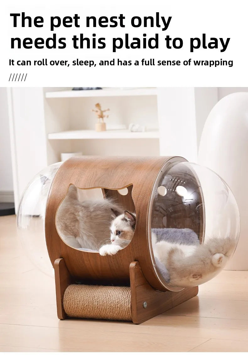 PawFlow Lit Capsule pour Chat – Maison Acrylique Transparente & Cadre en Bois