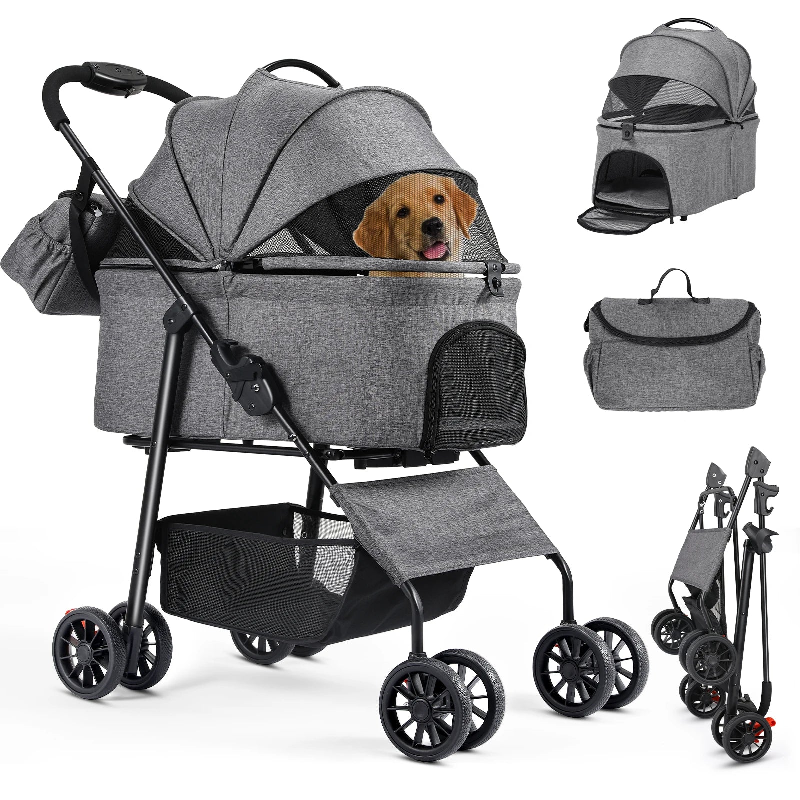 Poussette 4-en-1 Chat & Chien – Aluminium, Siège Auto & Sac de Transport