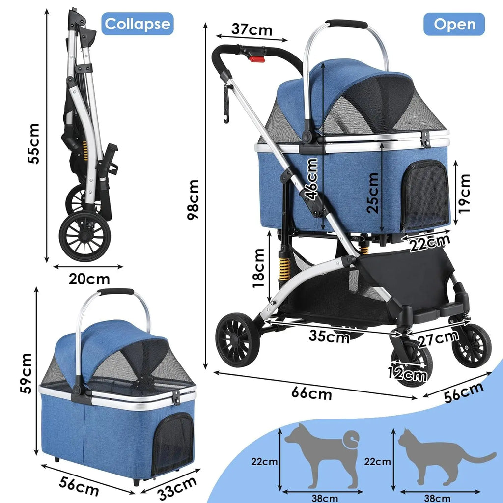 Poussette 4-en-1 Chat & Chien – Aluminium, Siège Auto & Sac de Transport