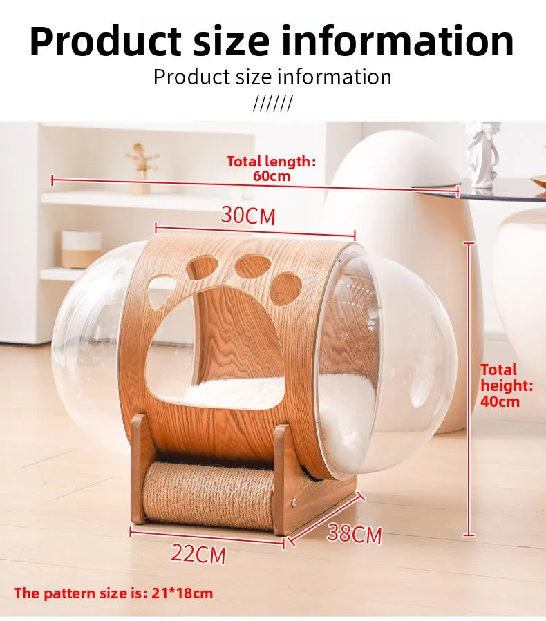 PawFlow Lit Capsule pour Chat – Maison Acrylique Transparente & Cadre en Bois