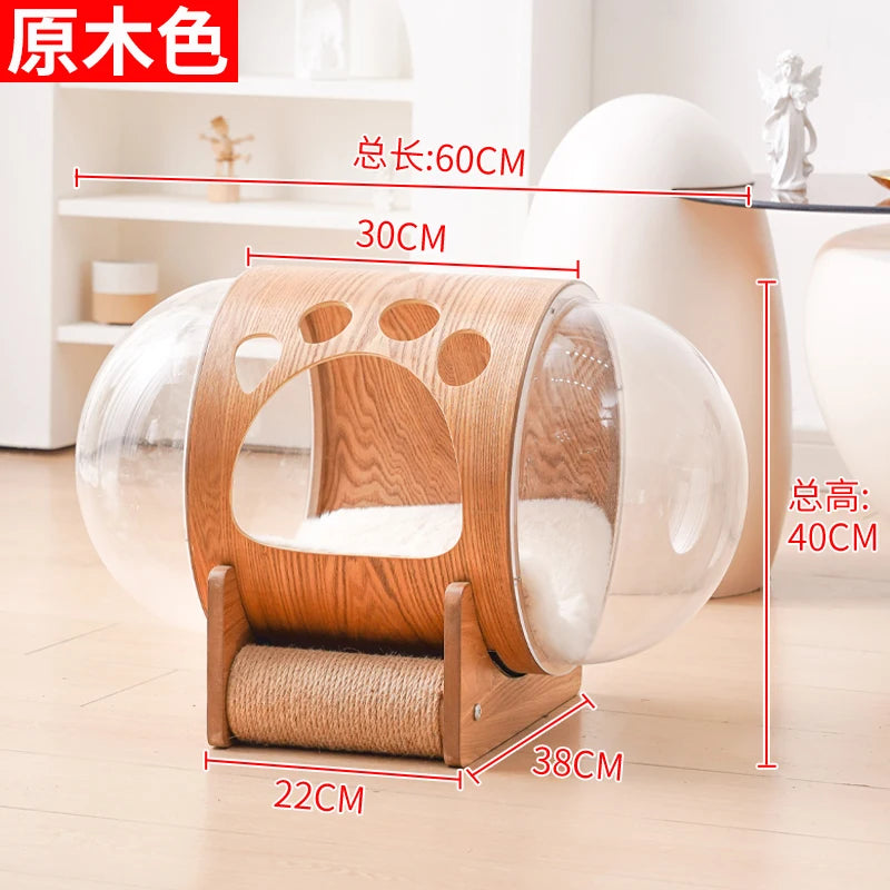 PawFlow Lit Capsule pour Chat – Maison Acrylique Transparente & Cadre en Bois