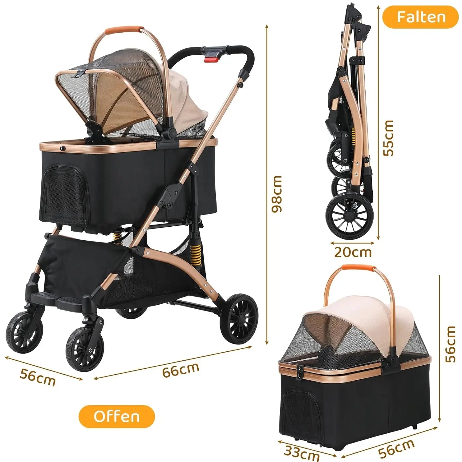 Poussette 4-en-1 Chat & Chien – Aluminium, Siège Auto & Sac de Transport