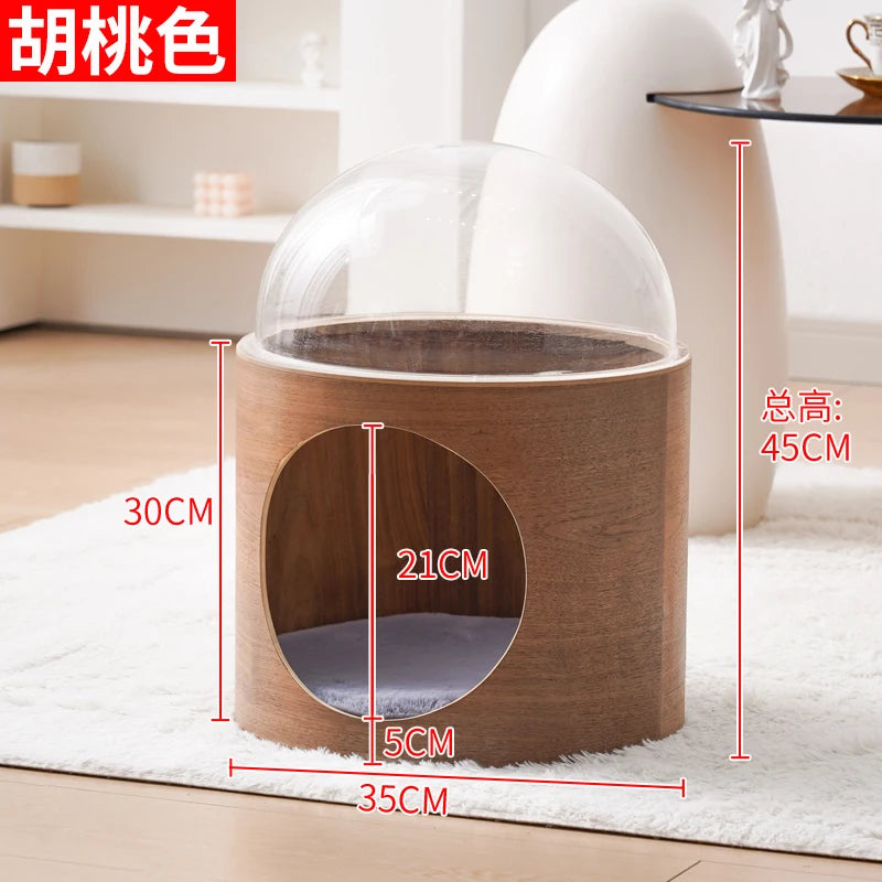 PawFlow Lit Capsule pour Chat – Maison Acrylique Transparente & Cadre en Bois