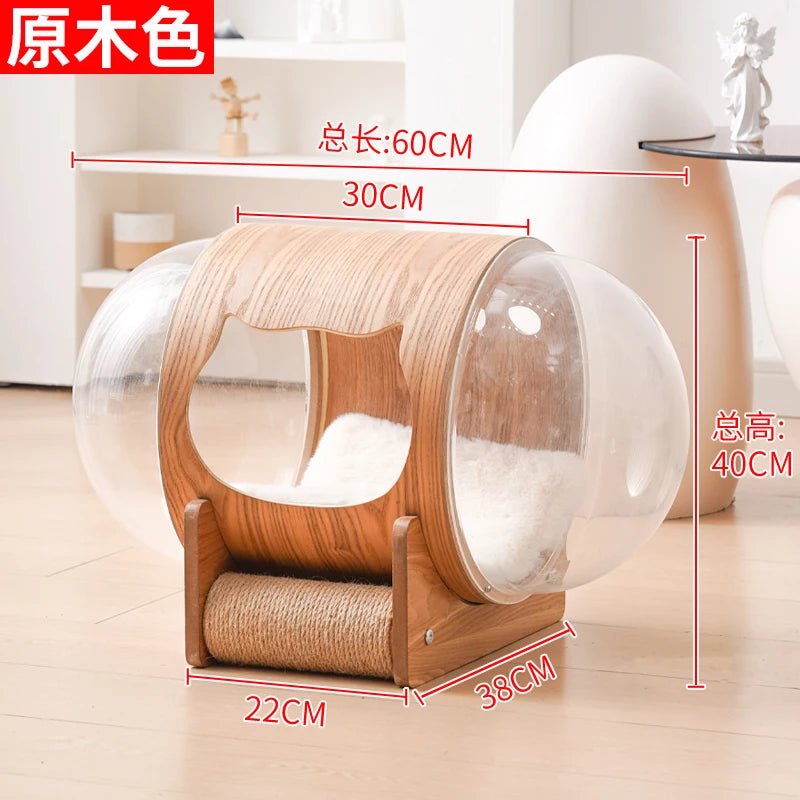PawFlow Lit Capsule pour Chat – Maison Acrylique Transparente & Cadre en Bois