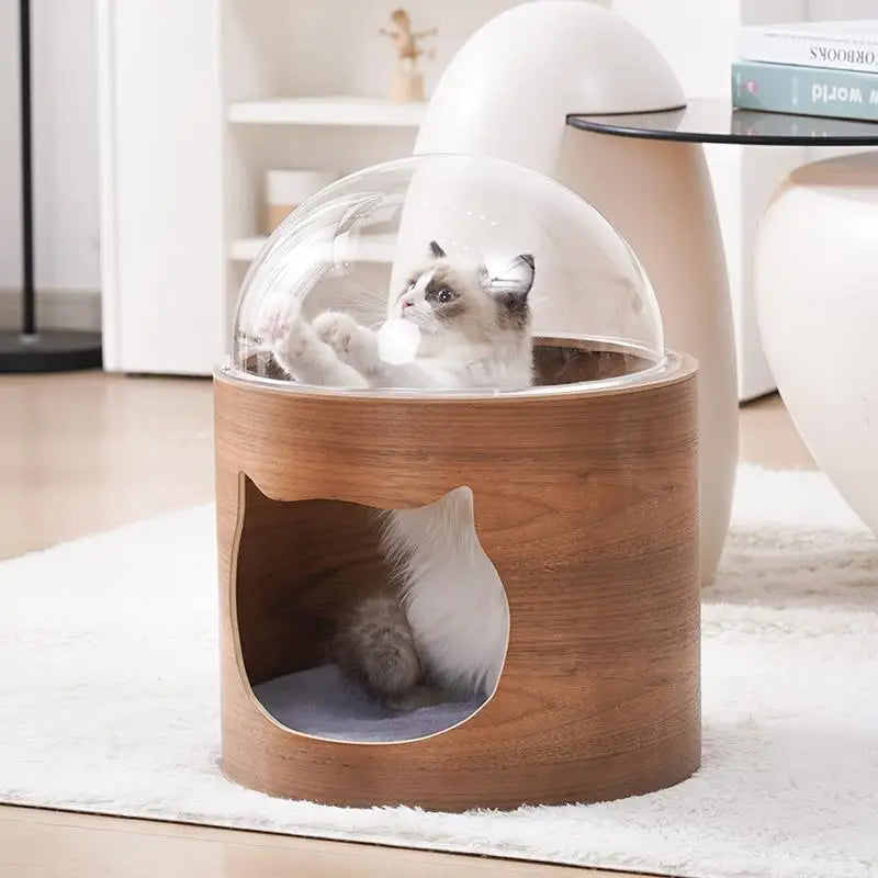 PawFlow Lit Capsule pour Chat – Maison Acrylique Transparente & Cadre en Bois