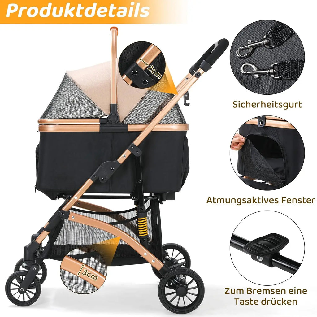 Poussette 4-en-1 Chat & Chien – Aluminium, Siège Auto & Sac de Transport