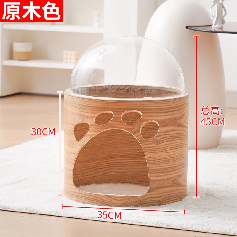 PawFlow Lit Capsule pour Chat – Maison Acrylique Transparente & Cadre en Bois