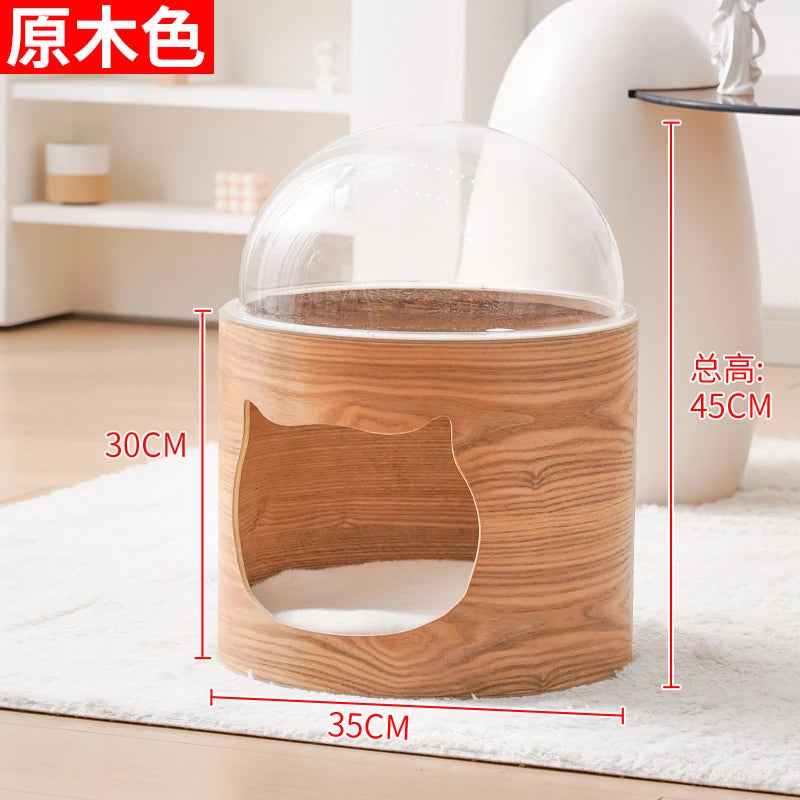 PawFlow Lit Capsule pour Chat – Maison Acrylique Transparente & Cadre en Bois
