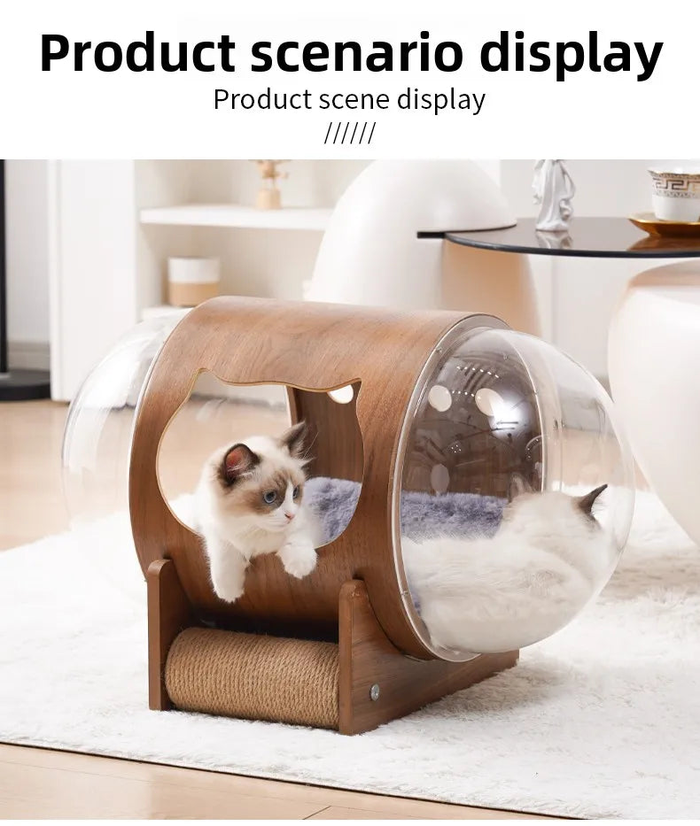 PawFlow Lit Capsule pour Chat – Maison Acrylique Transparente & Cadre en Bois